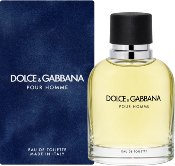 Dolce & Gabbana Pour Homme woda toaletowa, butelka z płynem bursztynowej barwy, obok matowego niebieskiego pudełka.