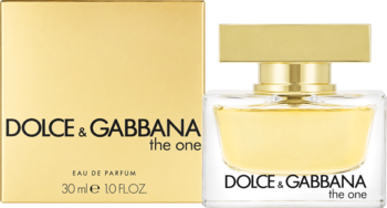 Złote pudełko i butelka wody perfumowanej Dolce & Gabbana The One EDP 30ml, widok z przodu, na białym tle.