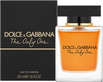 Dolce & Gabbana The Only One woda perfumowana 50ml, czarne pudełko i butelka z bursztynowym płynem.