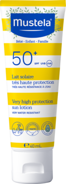 Mustela SPF 50+ mleczko przeciwsłoneczne w biało-żółtej tubce, widok z przodu, pojemność 40 ml.