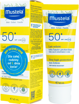 Mustela mleczko przeciwsłoneczne SPF 50+ dla całej rodziny, żółto-biała tuba i pudełko, przód i bok.