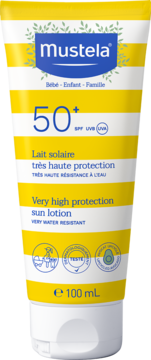 Mleczko przeciwsłoneczne Mustela SPF 50+ dla całej rodziny, biała tuba w żółte pasy, widok z przodu, 100ml.