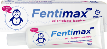 VACO Fentimax żel punktowy chłodząco-łagodzący, tubka 50g przed pudełkiem z logo pingwina dla dzieci 3+.