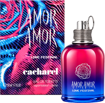 Cacharel Amor Amor Love Festival EDT damska. Kolorowa butelka gradientowa róż-niebieski i pasujące pudełko, widok z przodu.