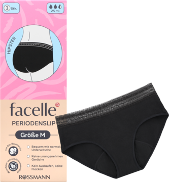 Czarne majtki menstruacyjne facelle Natural, rozmiar M, hipstery, obok różowo-białe opakowanie.