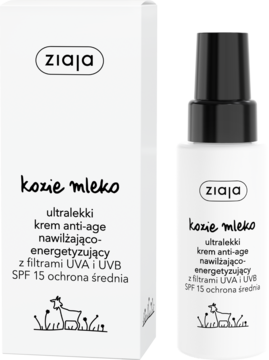Ziaja Kozie Mleko ultralekki krem anti-age SPF 15 w białej butelce z czarną pompką i pudełkiem, widok z przodu.