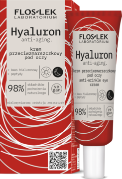 Flos Lek Hyaluron anti-aging krem przeciwzmarszczkowy pod oczy w czerwonej tubce i opakowaniu, widok frontalny.