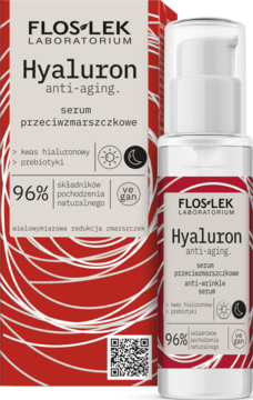 Wegańskie serum przeciwzmarszczkowe Floslek Hyaluron w białej butelce z czerwoną etykietą, widok z przodu opakowania.