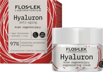 FLOS-LEK Hyaluron anti-aging krem regenerujący z kwasem hialuronowym, biały słoiczek przy czerwonym pudełku.