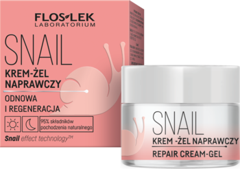Różowe pudełko i słoiczek FLOS-LEK Snail Krem-Żel Naprawczy / Repair Cream-Gel, widok z przodu.
