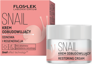 Krem Flos-Lek Snail Odbudowujący w różowym pudełku i białym słoiczku. Widok z przodu, z grafiką ślimaka.