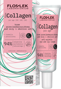 Floslek Collagen Pro Age, krem pod oczy i usta, biała tubka z pudełkiem, 94% naturalny, wegański, widok z boku.