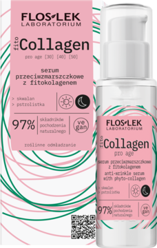 FLOS LEK Fito Collagen serum przeciwzmarszczkowe, butelka z pompką i różowo-zielone opakowanie, widok z przodu.