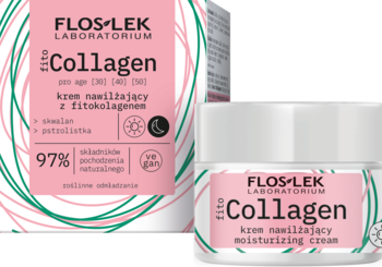 Flos-Lek Fito Collagen krem nawilżający z fitokolagenem w białym słoiczku, różowa etykieta, na tle pudełka.