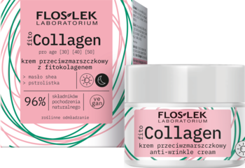 FLOS-LEK Fito Collagen krem przeciwzmarszczkowy z fitokolagenem, biały słoik i pudełko, widok z przodu.