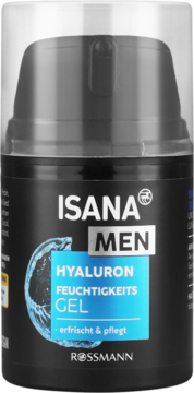 Czarny Isana Men Hyaluron Feuchtigkeits Gel w butelce z pompką, z niebieskimi etykietami i napisem, widok z przodu.