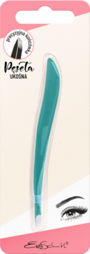 Pęseta ukośna Ewa Schmitt w tealowym kolorze w opakowaniu blister, widok frontalny, precyzyjna końcówka.