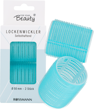 Dwa turkusowe wałki For Your Beauty, samoprzylepne, Ø 50 mm, z częścią opakowania Rossmann w tle.