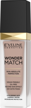 Eveline Wonder Match vegan foundation, frosted glass bottle, black cap, gold band, 24H satin finish, front view.