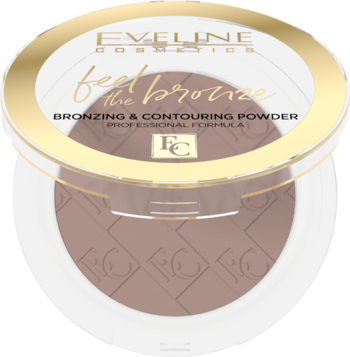 Eveline Cosmetics Feel the Bronze, otwarty puder brązujący w okrągłym, białym kompakcie ze złotą pokrywką.