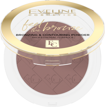Eveline Feel the Bronze puder brązujący w otwartym białym kompakcie, widok z góry, odcień czekoladowy.