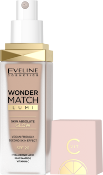 Eveline Wonder Match Lumi, rozświetlający podkład SPF 20 w beżowej szklanej butelce z pompką, z różową nakrętką.