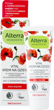 Alterra VITAL krem na dzień z bio czerwonym makiem do skóry dojrzałej. Biała tubka i pudełko z makami, widok z przodu.