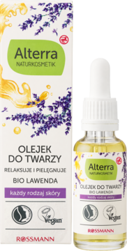 Alterra Olejek do twarzy Bio Lawenda: butelka z pipetą i białe pudełko. Relaksuje i nawilża każdy rodzaj skóry.
