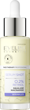 Eveline Cosmetics Serum Shot 0.2% Retinol, Squalane, Niacinamide, w jasnej butelce z pipetą, widok z przodu.