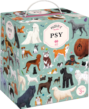Puzzlove Psy, prostokątne pudełko puzzli z rysunkami wielu ras psów na miętowym tle, widok z przodu.