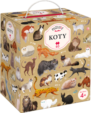 Puzzlove Koty, puzzle w kartonowym pudełku, widok z przodu. Ilustracje różnych ras kotów na brązowym tle.