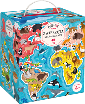 Pudełko puzzli Puzzlove Zwierzęta Mapa Świata, z kolorową ilustracją zwierząt na tle mapy świata, widok z boku i z góry.