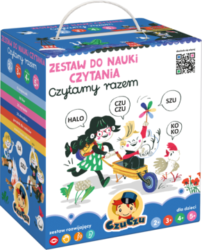 Zestaw do nauki czytania Czytamy razem Czuczu, niebieskie pudełko z uchwytem i wesołymi ilustracjami dla dzieci.