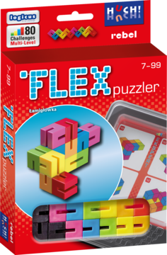 Czerwone pudełko Flex Puzzler, łamigłówki z elastycznymi klockami 7-99 lat, 80 wyzwań, widok z przodu.