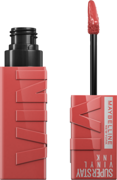 Koralowa pomadka winylowa Maybelline Super Stay Vinyl Ink, jedna z wyciągniętym aplikatorem i połyskującym wykończeniem.