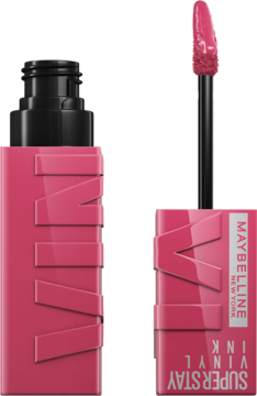 Dwie różowe pomadki winylowe Maybelline Super Stay Vinyl Ink: zamknięta i otwarta z aplikatorem.