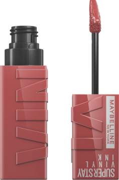 Otwarta płynna pomadka Maybelline Super Stay Vinyl Ink w odcieniu dusty rose, butelka z napisem VINYL i aplikator.