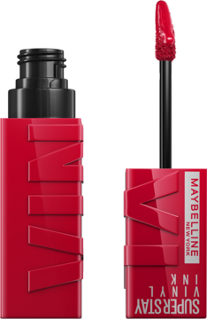 Czerwona pomadka Maybelline Super Stay Vinyl Ink Wicked, jedna otwarta z aplikatorem, obok zamkniętej tubki.
