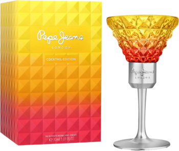 Pepe Jeans Cocktail Edition woda toaletowa. Żółto-czerwony flakon-kieliszek ze srebrną podstawą i teksturowane pudełko.