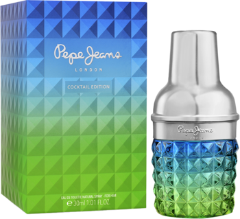 Woda toaletowa Pepe Jeans Cocktail męska w butelce shakerze i gradientowym pudełku. Niebiesko-zielone kolory, geometryczny wzór.