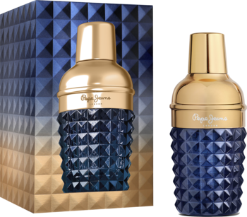Pepe Jeans Celebrate woda perfumowana męska. Dwie niebieskie butelki z teksturowanym wzorem i złotą nakrętką, z pudełkiem.