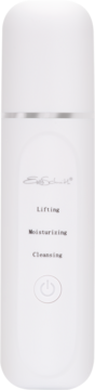 Białe urządzenie UltraSonic 3w1 do pielęgnacji skóry z tekstami Lifting, Moisturizing, Cleansing i ikoną zasilania, widok z przodu.