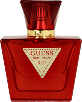 Czerwona, przezroczysta butelka perfum Guess Seductive Red ze złotymi detalami i trójkątną etykietą, widok z przodu.