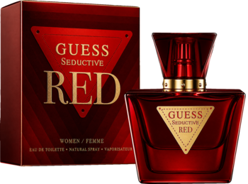 Guess Seductive Red woda toaletowa, czerwony flakon z pudełkiem, widok z przodu, złote detale.