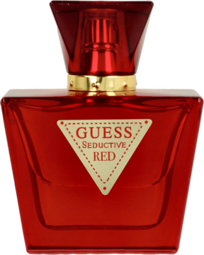 Czerwona butelka perfum Guess Seductive Red ze złotym kołnierzem i fasetowanym korkiem, widok z przodu.