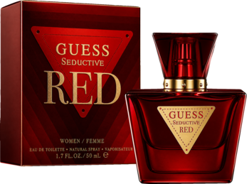Czerwona woda toaletowa Guess Seductive Red 50ml, butelka i pudełko ze złotymi napisami, widok pod kątem.