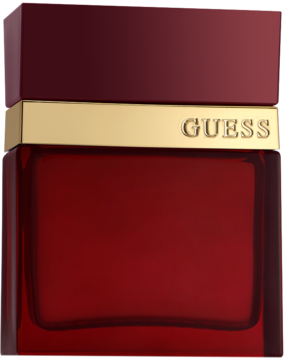 Guess Seductive Homme Red woda toaletowa męska. Czerwony flakon ze złotym paskiem i logo Guess, widok z przodu.