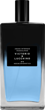 Victorio & Lucchino N°9 Noche Enigmática woda toaletowa męska w czarno-niebieskiej butelce, widok z przodu.