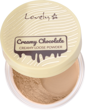 Lovely Creamy Chocolate, beżowy matowy puder sypki. Otwarte opakowanie z kremową pokrywką. Widok z góry.