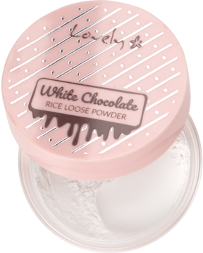 Matujący puder ryżowy Lovely White Chocolate w otwartym pojemniku, różowa nakrętka z teksturą, widok z góry.